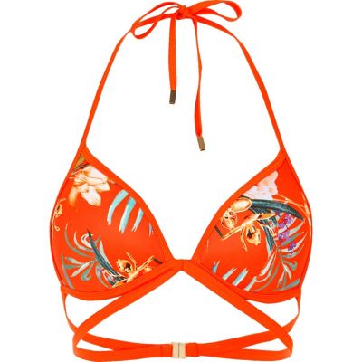 Orange floral print strappy bikini top